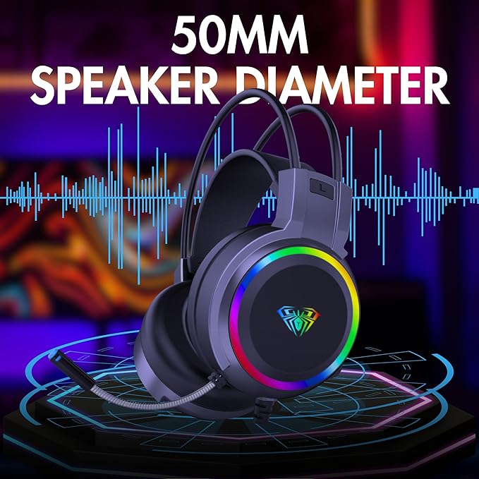 AULA S608 Wired Gaming Headset with RGB Lights & Mic - Free Cash On Delivery